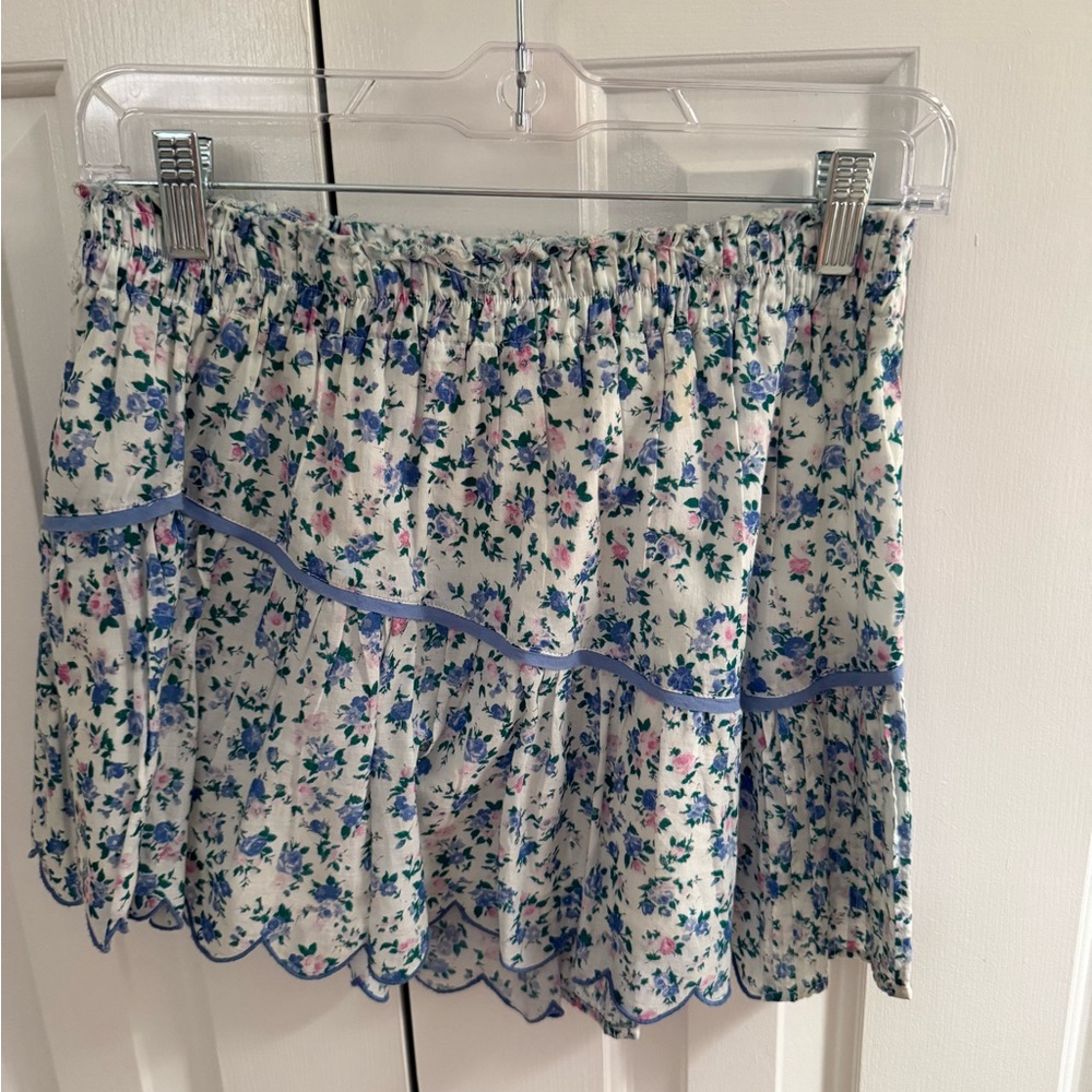 LoveShackFancy Blue and White Floral Mini Skirt